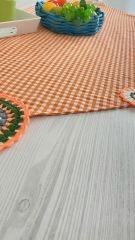 Turuncu Beyaz Kare Desenli Motifli ve Püsküllü Runner