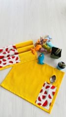 Sarı Renk Karpuz Desen Cepli Amerikan Servis Seti