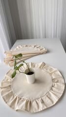 Natural Ham Keten Fırfırlı Yuvarlak Amerikan Servisi 4’lü Set 40x40cm