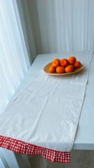 Natural Ham Keten Kırmızı Pötikare Fırfır Detaylı Runner 40x140cm