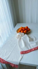Natural Ham Keten Kırmızı Pötikare Fırfır Detaylı Runner 40x140cm