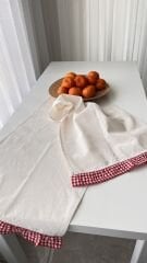 Natural Ham Keten Kırmızı Pötikare Fırfır Detaylı Runner 40x140cm